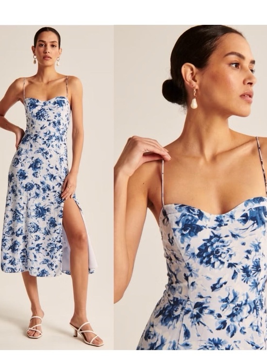 Abercrombie & Fitch Dresses & Skirts - Abercrombie & Fitch Blue White Floral Bustier Sweetheart Slip Midi Dress Slit